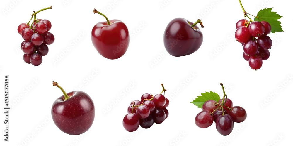 Poster collection of red fruits featuring a variety of red grapes and apples displayed on a transparent bac