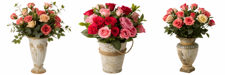 Three floral arrangements of roses in vases and bucket isolated on transparent background