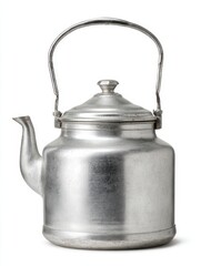 Vintage aluminum kettle showcases a timeless design with a curved spout and sturdy handle. Its reflective surface enhances the aesthetic appeal ideal for kitchen decor or display
