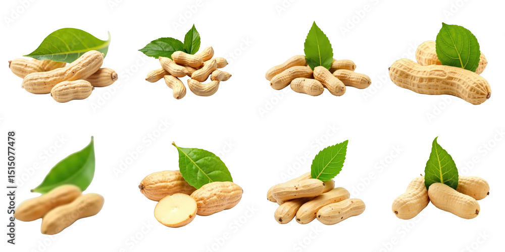 Aufkleber collection of raw peanuts with fresh green leaves on a transparent background displaying various arr
