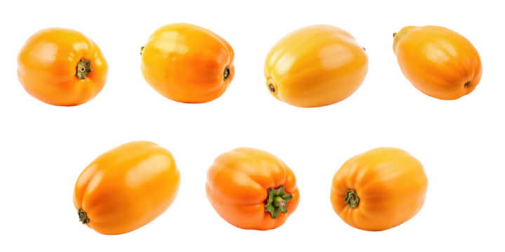 Collection of fresh orange bell peppers arranged in a row against a transparent background, showcasing various shapes and sizes, highlighting their vibrant color and smooth texture.