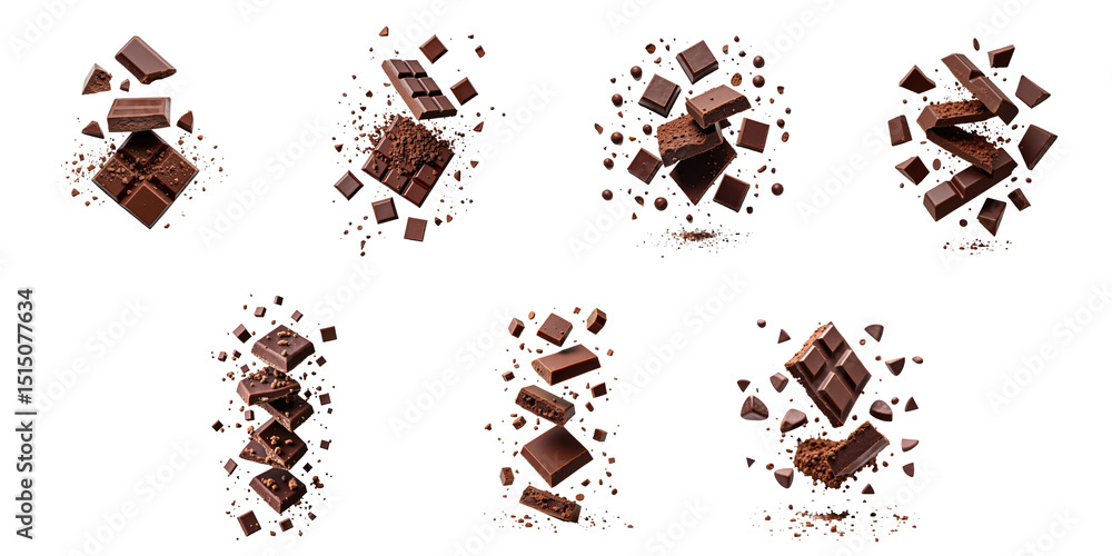 Poster collection of dark chocolate pieces and cocoa powder on transparent background featuring various sha