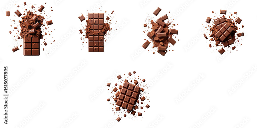Poster assorted chocolate blocks and crumbles on transparent background featuring multiple textures and arr