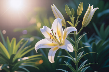 Obraz premium White Lily Blossom in Soft Golden Light with Bokeh Background (1)