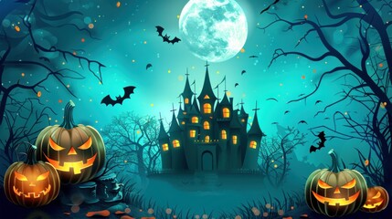 Halloween background, pumpkins on the background of a spooky castle at night. 