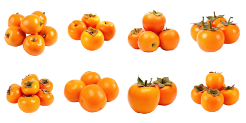 Collection of vibrant orange persimmons arranged in various groupings against a transparent background, showcasing their smooth skin and green leaf accents for a striking visual appeal.