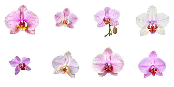Collection of Varied Orchid Flowers in Different Poses and Angles Featuring Vibrant Pink and White Petals with Detailed Yellow Centers on a transparent Background