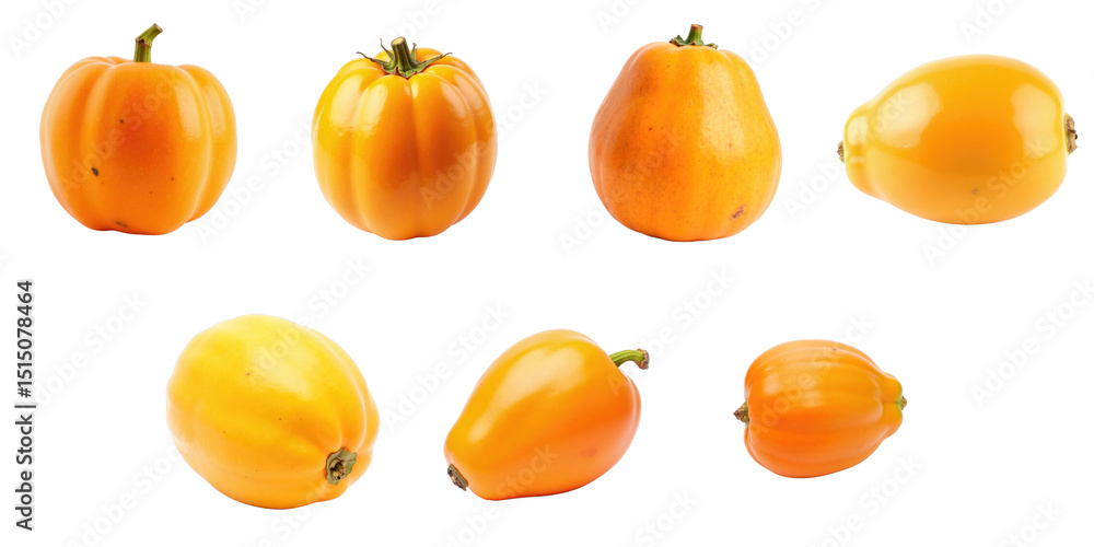 Poster collection of various yellow bell peppers displayed against a transparent background featuring diffe