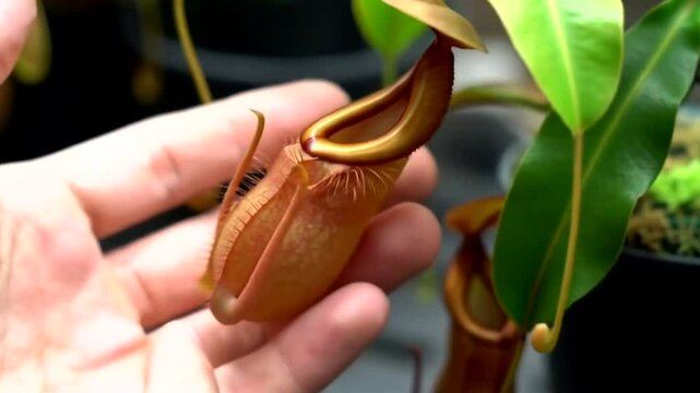 AI Generated image of 4k video close-up of a hand holding a nepenthes pitcher plant, showcasing its intricate details and vibrant colors in a botanical garden setting