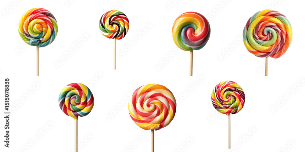 Poster colorful swirl lollipops on sticks displayed against a transparent background featuring various size