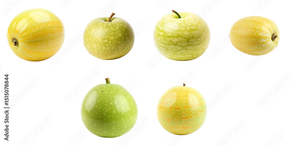 Poster Collection of Various Melons and Apples Displaying Different Shapes and Colors on transparent Background