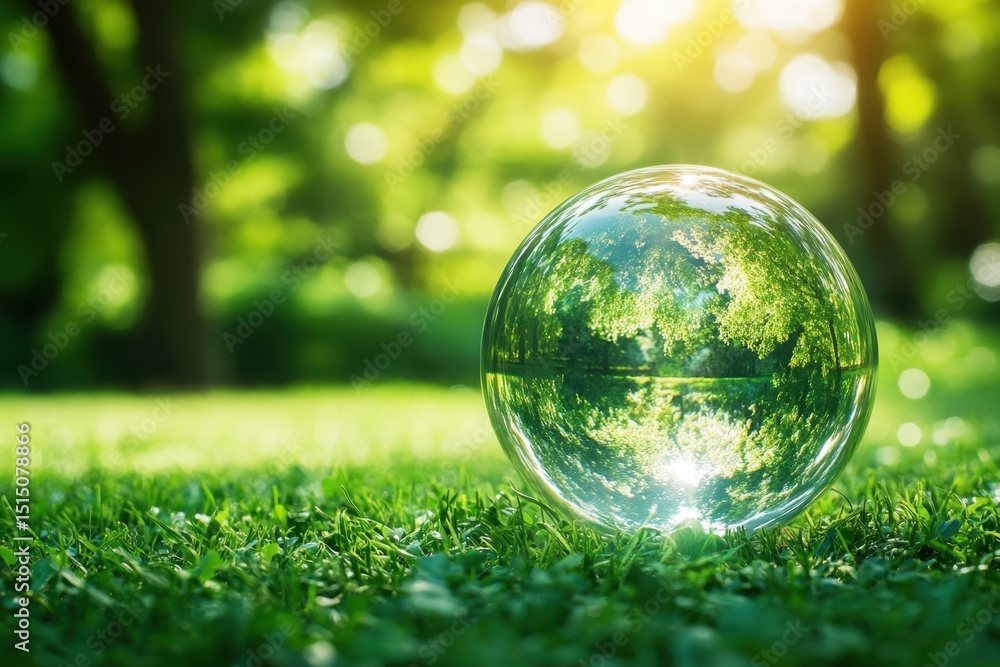 Poster clear glass sphere resting on vibrant green grass with reflections of trees and sunlight creating a 