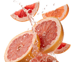 Grapefruit segments and halves with water splash against a black background in a studio shot