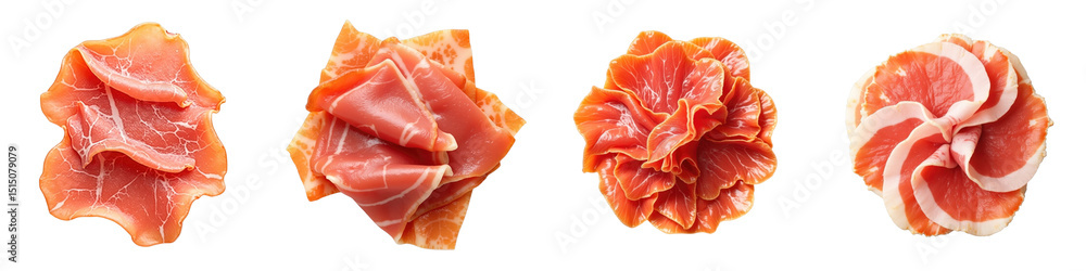 Aufkleber variety of cured meat slices displayed in artistic rolled arrangements on a transparent background s