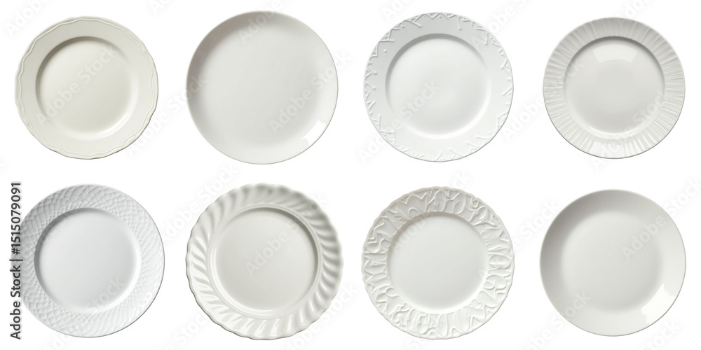 Poster assorted white plate collection featuring eight elegant designs with varied edging styles on a trans