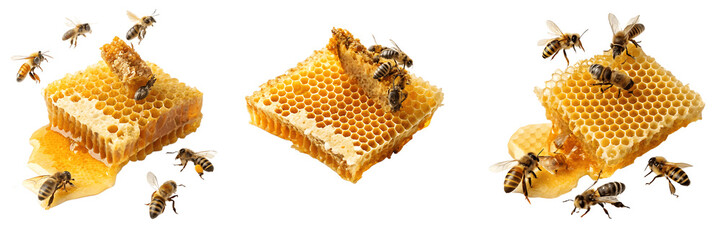 Honeycomb pieces with bees isolated on transparent background, sweet and natural
