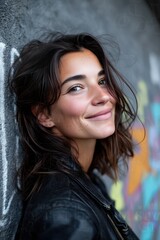 Portrait naturel d'une jeune femme souriante en veste de cuir no