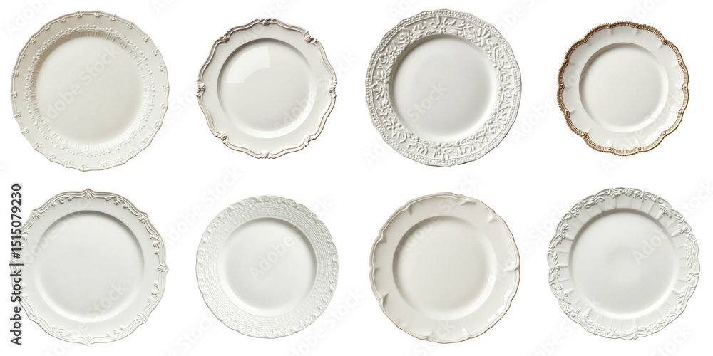 Poster collection of elegant white plates displayed in various designs featuring detailed edging and subtle