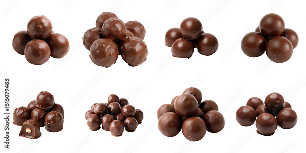 Poster assorted chocolate confectionery groups featuring round and irregular shapes with glossy coating set