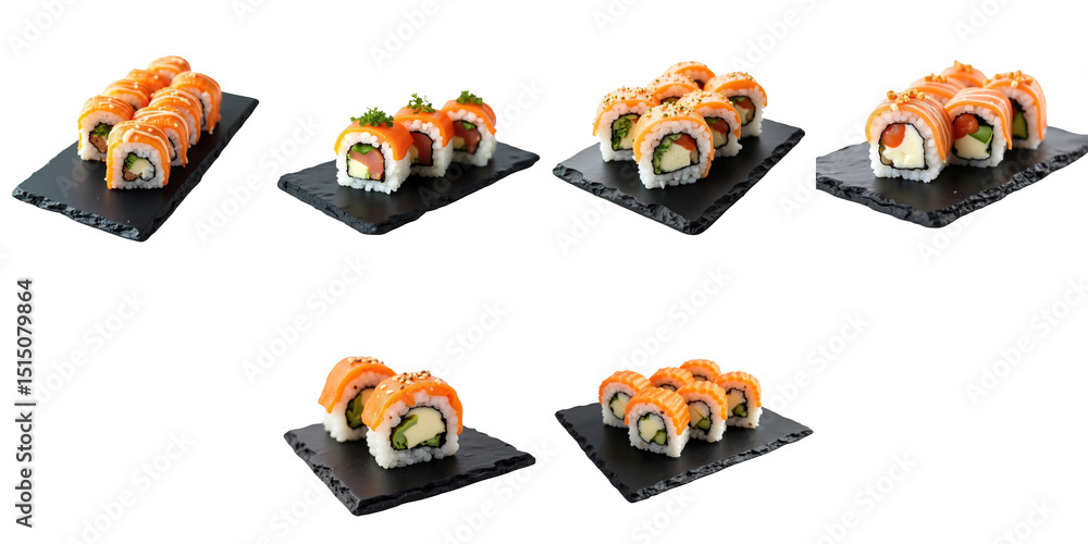 Aufkleber assorted sushi roll platter displayed on transparent slate plates featuring colorful maki rolls with