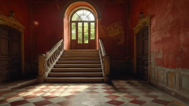 Red Toned Grand Staircase with Sunlight and Ornate Door and Windows and Marble Tile Floors in an Ancient European Building Interior
