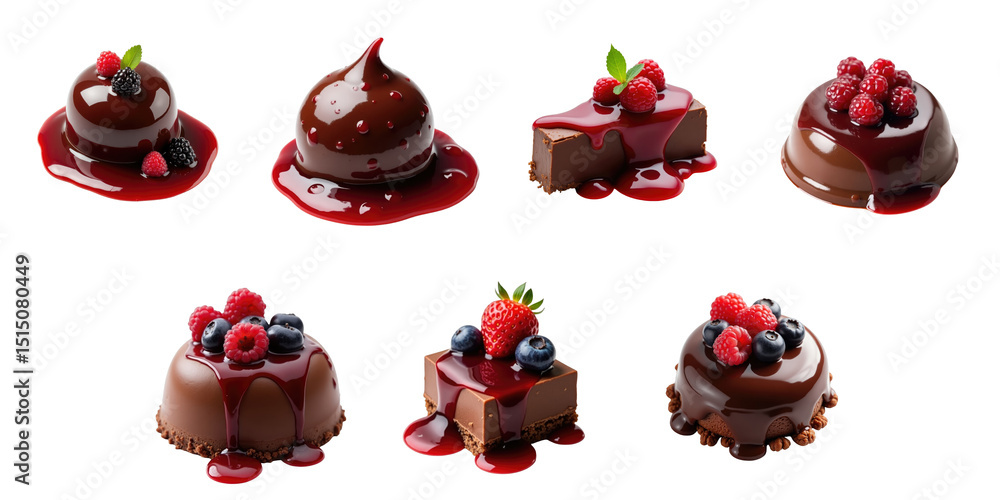 Aufkleber decadent collection of chocolaty desserts with raspberry toppings and glazes on a transparent backgr