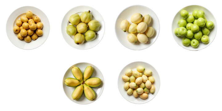 Variety of Fresh Fruits Displayed on White Plates Including Pears, Green Apples, and Unique Yellow Fruits Arranged in a Circular Pattern Against a Dark Background
