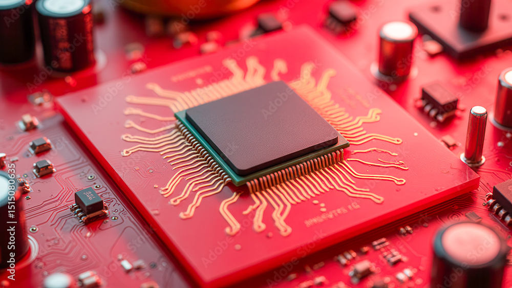 Poster high-tech microprocessor on a neon red circuit board with intricate patterns and components