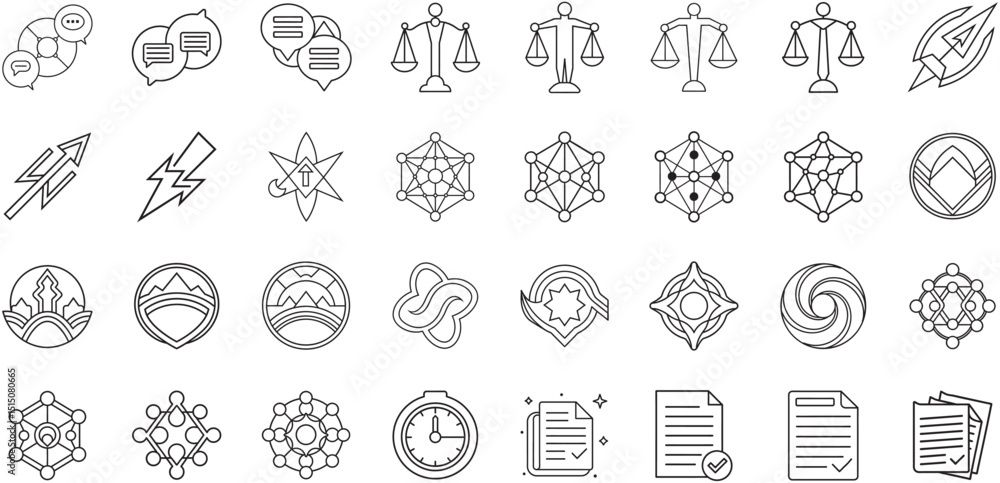 Poster collection of minimalist line art icons representing concepts and symbols