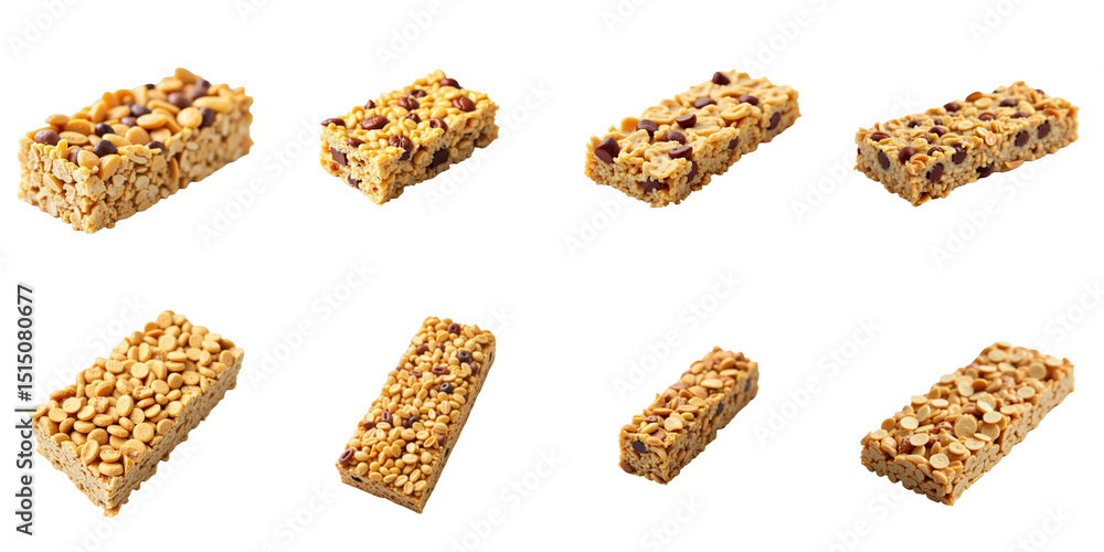 Poster collection of granola bars displayed on a transparent background featuring varieties with nuts, seed