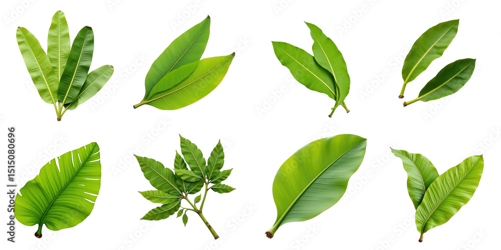 Poster collection of different leaf varieties displayed on a transparent background featuring lush green le