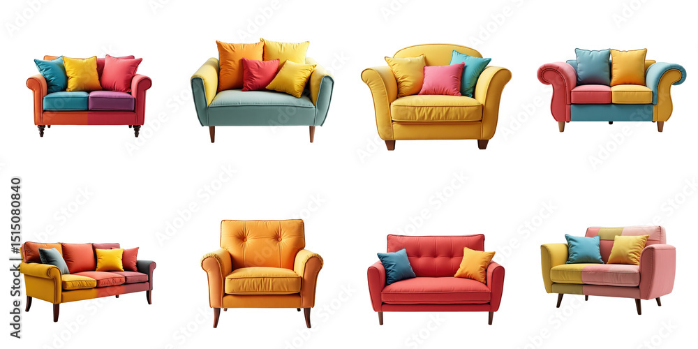 Poster vibrant sofa collection featuring eight colorful designs with cushions in various shapes and sizes o