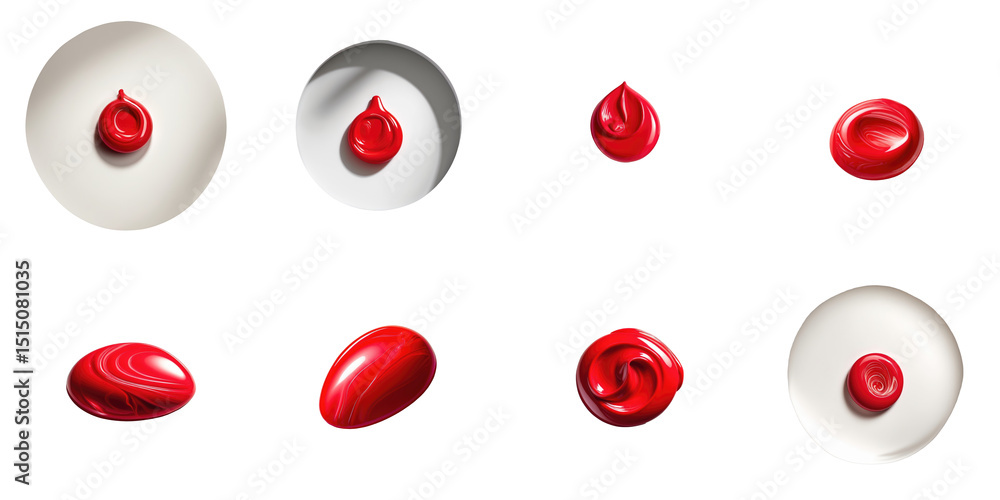 Poster collection of glossy red paint drops and swirls on circular plates set against transparent backgroun