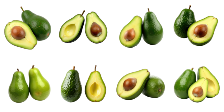 Collection of Avocado Varieties Featuring Whole and Halved Avocados on transparent Background with Distinctive Textures and Colors Highlighting Freshness and Ripeness