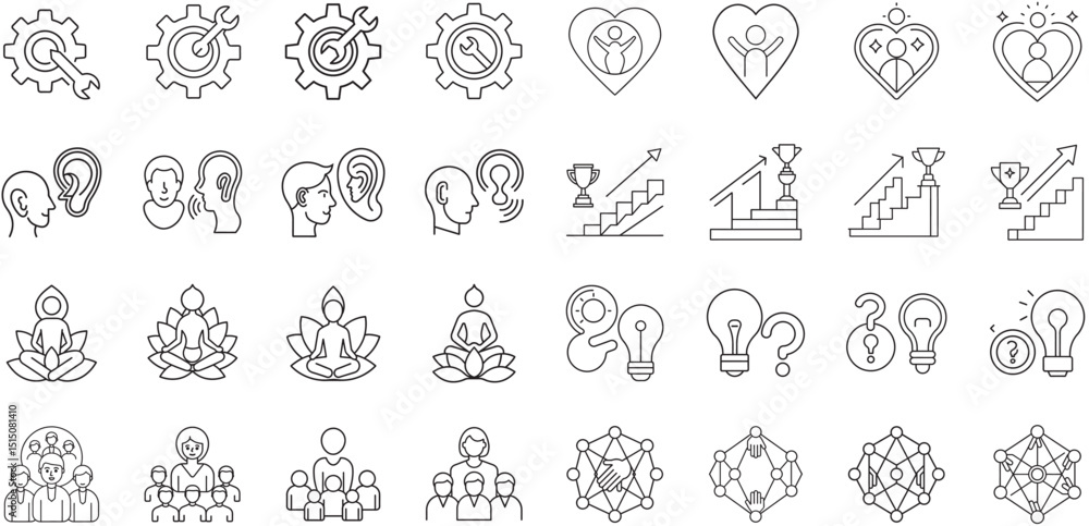 Poster vector icons illustrating teamwork communication growth and innovation in simple linear style
