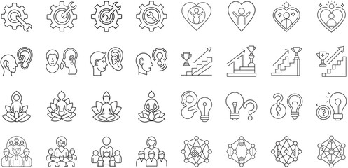 Vector icons illustrating teamwork communication growth and innovation in simple linear style