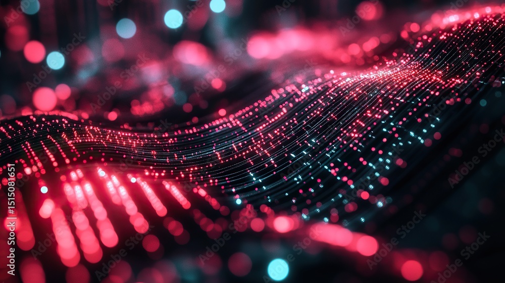 Poster a close-up view of flowing ruby-red and metallic cyan circuits converging into a grid-like black mir