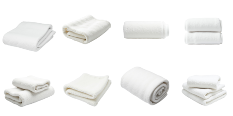 Collection of White Textiles Displayed on a transparent Background Featuring Various Folded and Rolled Towels and Blankets in Distinct Arrangements and Textures