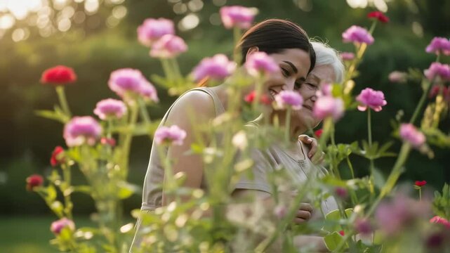 Young woman hugging happy senior woman in outdoor garden with flowers. Loving granddaughter showing care for her grandmother. Generational family love footage.