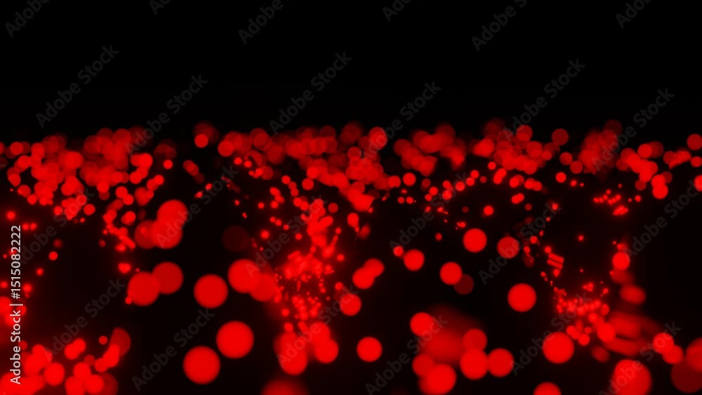 Poster abstract background round red glowing particles slowly moving on black background. 3d render looped 
