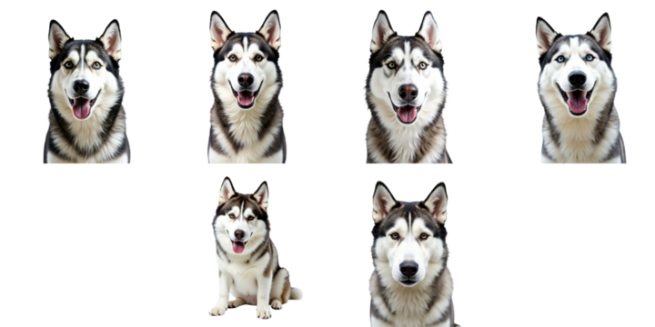 Collection of Six Adorable Husky Faces with Varying Expressions on a transparent Background, Showcasing Their Playful and Friendly Nature
