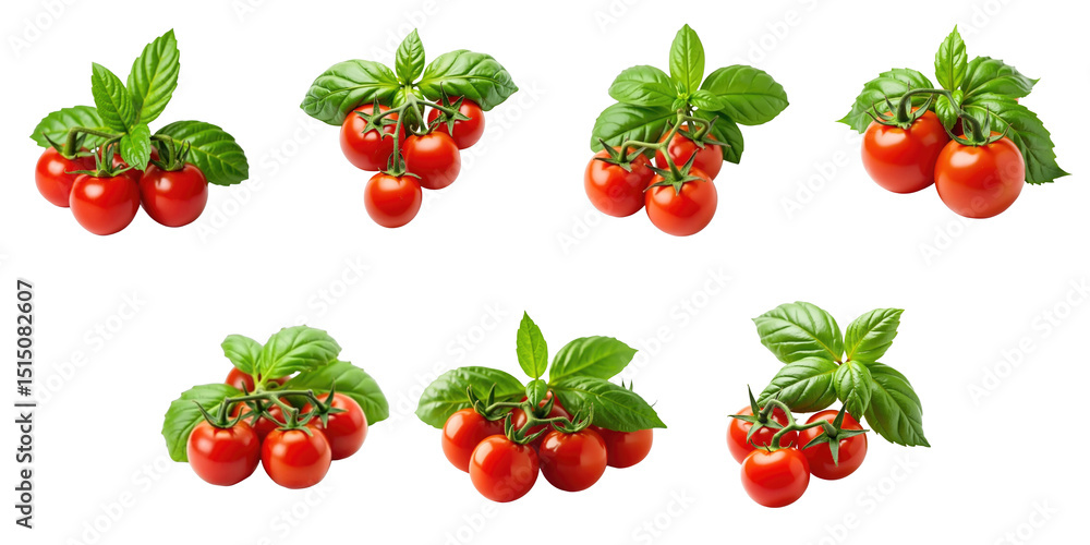 Poster fresh red tomatoes with green leaves displayed in various arrangements on transparent background ide