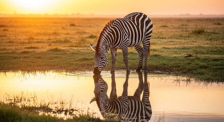 Naklejka premium Zebra Drinking at Sunset African Wildlife Photography