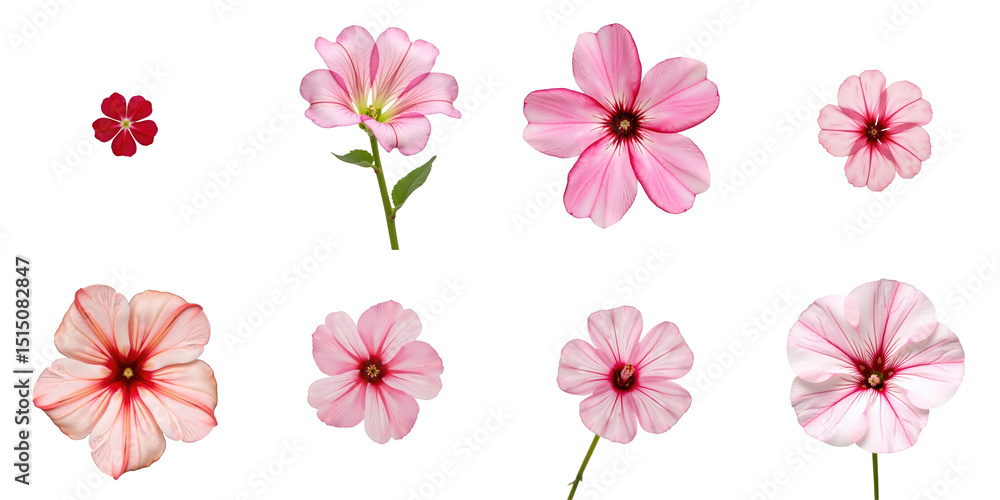 Aufkleber collection of various pink flowers on transparent background showing different sizes and shapes with