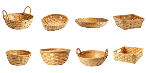 Collection of Various Woven Baskets Displayed on a transparent Background Featuring Round, Oval, and Square Shapes in Natural Bamboo Finish Ideal for Home Decor and Organization