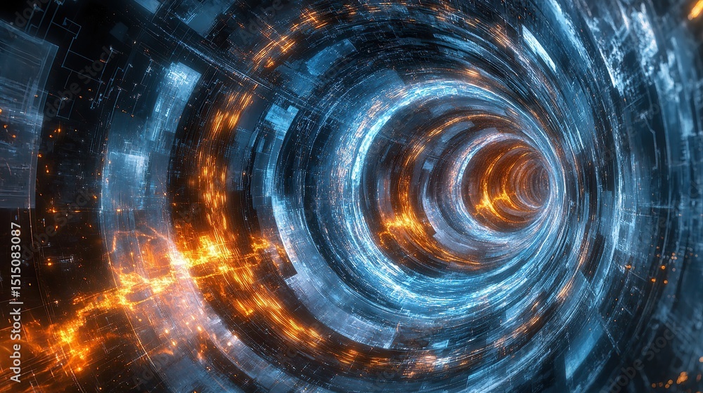 Poster a deep circuit scene illuminated with pale blue and flaming orange connections fusing together in a 
