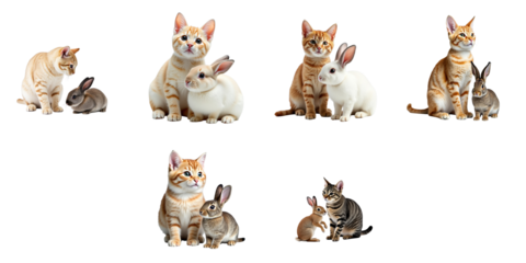 Collection of Cute Cats and Rabbits Featuring Playful Interactions and Various Poses Against a transparent Background, Showcasing Different Breeds and Expressions in High Detail