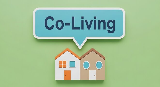 Discover the benefits of Co-Living with this illustration featuring two charming houses and a speech bubble highlighting the concept of shared living spaces and community.