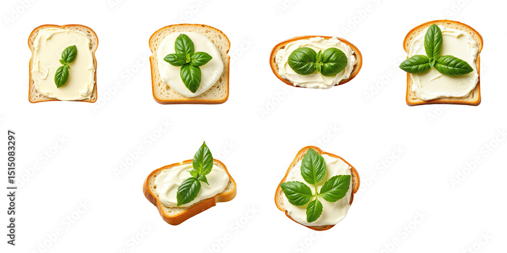 Poster slice of bread with cream cheese and fresh basil leaves arranged in a creative layout on a transpare