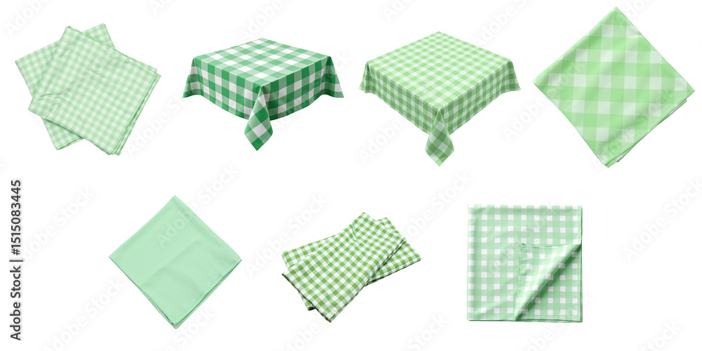 Poster collection of green gingham tablecloths and napkins featuring various styles and arrangements on a t